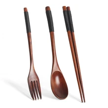 Korean Wooden Tableware Fork Spoon Chopsticks 3-piece Set Solid Wood Long Handle Spoon Chopsticks Portable Tableware