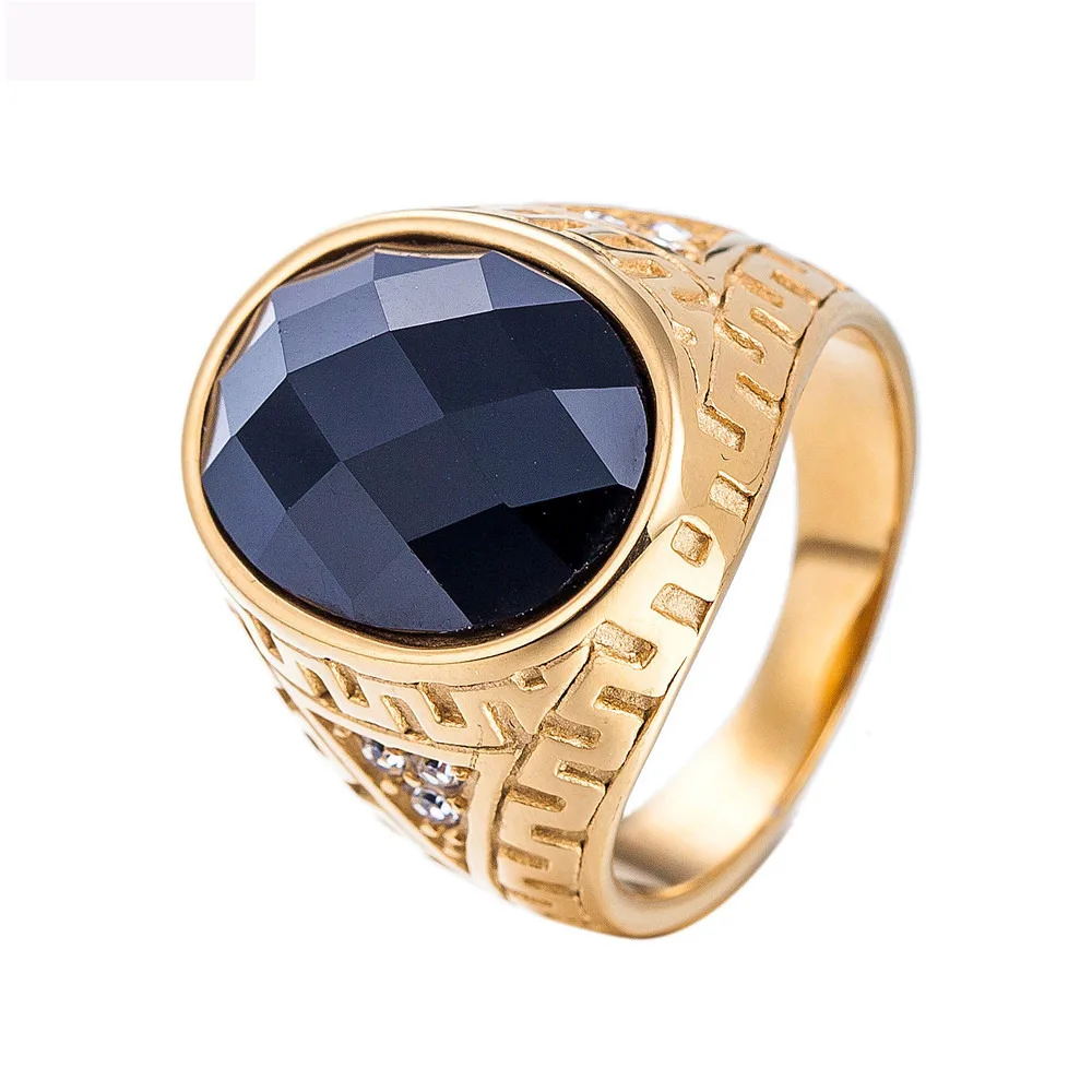 

Luxury Oval Black Crystal Jewelry Rings Gold Color Titanium Steel Ring High Quality Casting Ring For Men Free Shipping