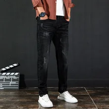 Осенний тренд, черные джинсы, мужские, корейский стиль, облегающие, ручной потертости, эластичные, обтягивающие, ковбойские брюки