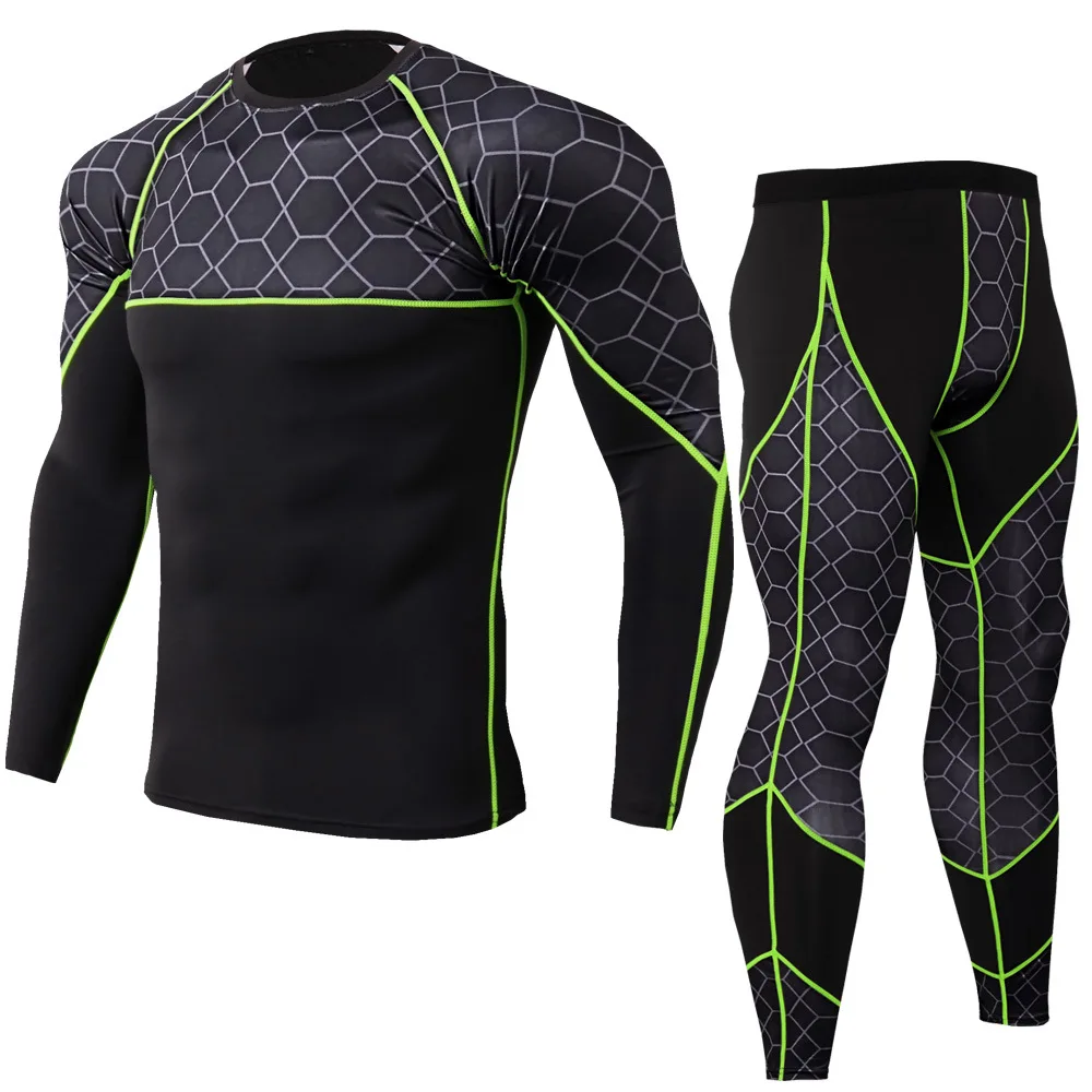 Мужской спортивный костюм для бега, мужская спортивная одежда для бега, для спортзала, фитнеса, тренировочный костюм, компрессионная футболка с сеткой и штаны, костюм - Цвет: Line green