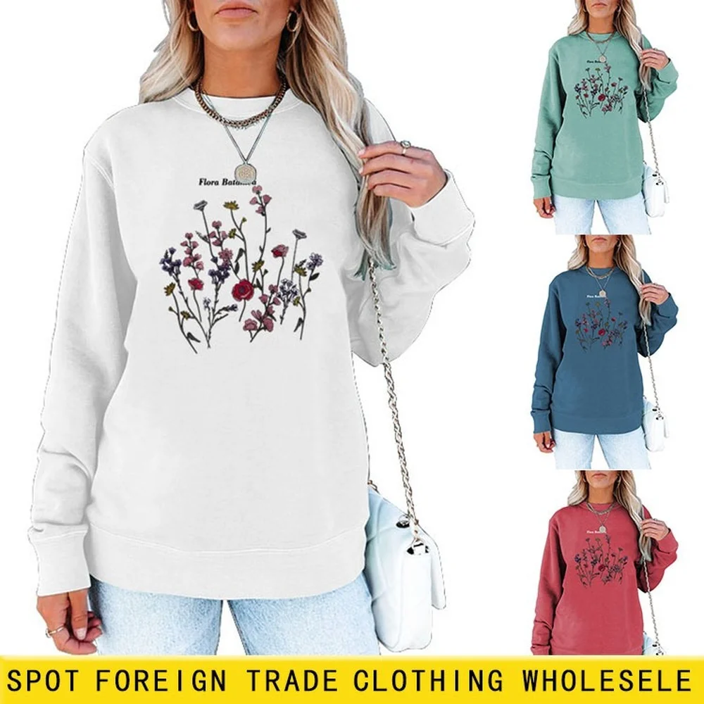 

Nighpha Long Sleeve Sweatshirt Women Crew Neck Pullover Flora Printed Oversized Sweatshirt Graphic Streetwear Cotton Tops Hoodie