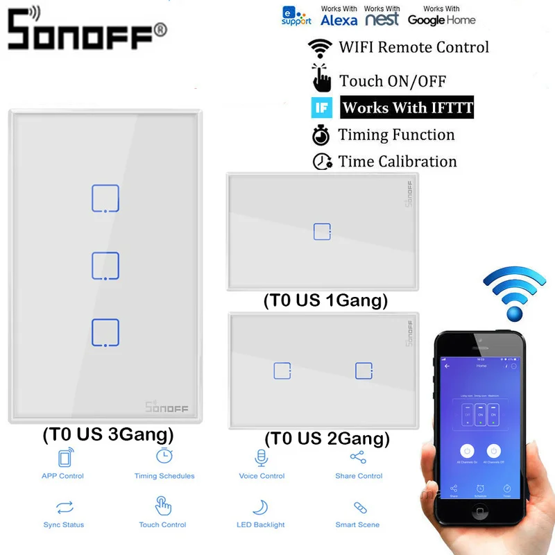 SONOFF T0 TX умные WiFi умные переключатели с 2/1 бандами Wifi переключатель для Google Home Alexa Совместимая система умного дома ЕС, Великобритания и США