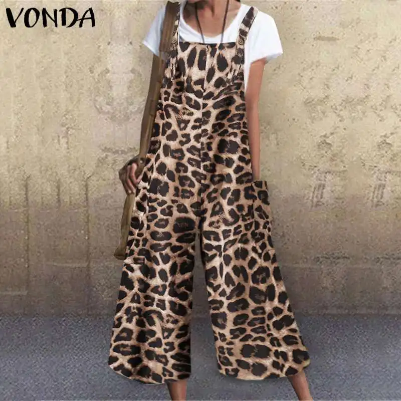 Jumpsuits Summer Overalls Rompers Vintage Beach Wide Leopard Print Collar VONDA Leg-Pants