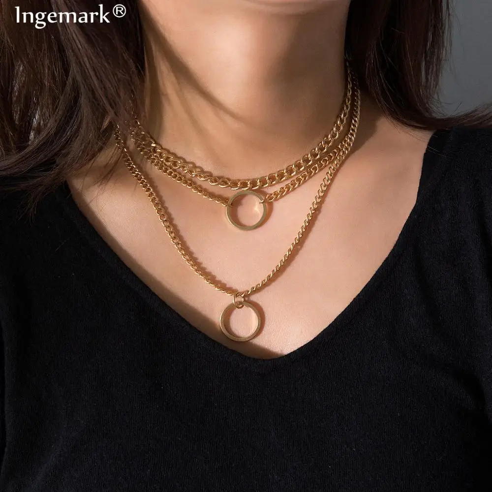 

Ingemark Gothic Chunky Chain Choker Necklace Collar Statement Hip Hop Multilayer Big Circle Pendant Chain Necklace Women Jewelry