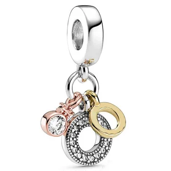 

New 925 Sterling Silver Bead Charm Rose Triple Monogram & Logo With Crystal Pendant Beads Fit Original Bracelet Diy Jewelry