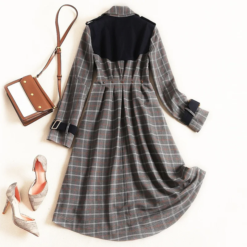 Fall Winter Fashion Plaid Coat Long Fashion Stitching Grey Jacket Double-breasted Loose Belted Coat Female Windbreaker