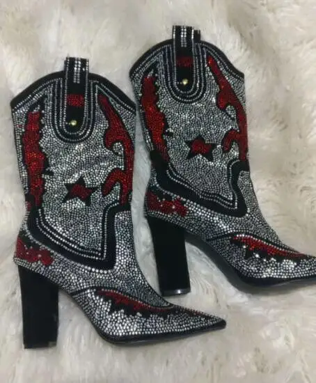Полный Стразы просверленные Bling Мульти Кристалл пентаграмма джинсовые ботинки острый носок не сужающийся к низу каблук ботинки martin Zapatos рыцарские сапоги