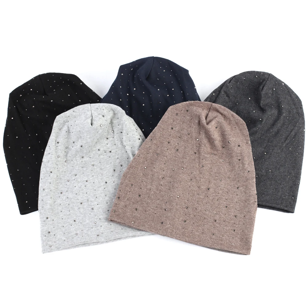 Diy Rhinestones Women Beanie Hat Girls Plain Cotton Beanies Ladies Knitted Slouchy Hats Bonnet Solid Color Female Balaclava 4
