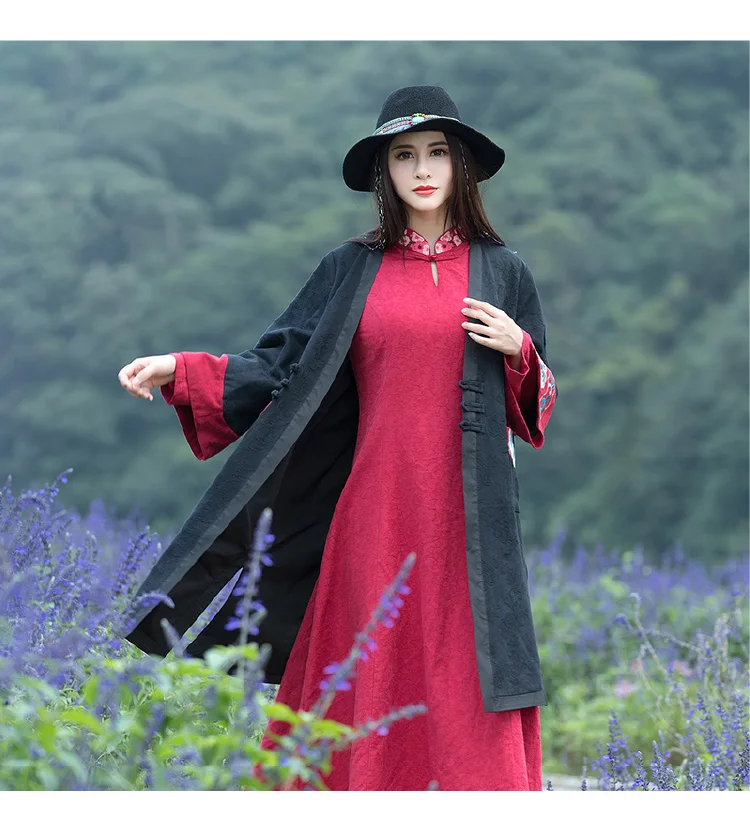 C6284 Retro Cotton Linen Jacquard Trench Coat Women's Autumn And Winter V-neck Ninth Sleeve Mixed Colors Embroidered Coat