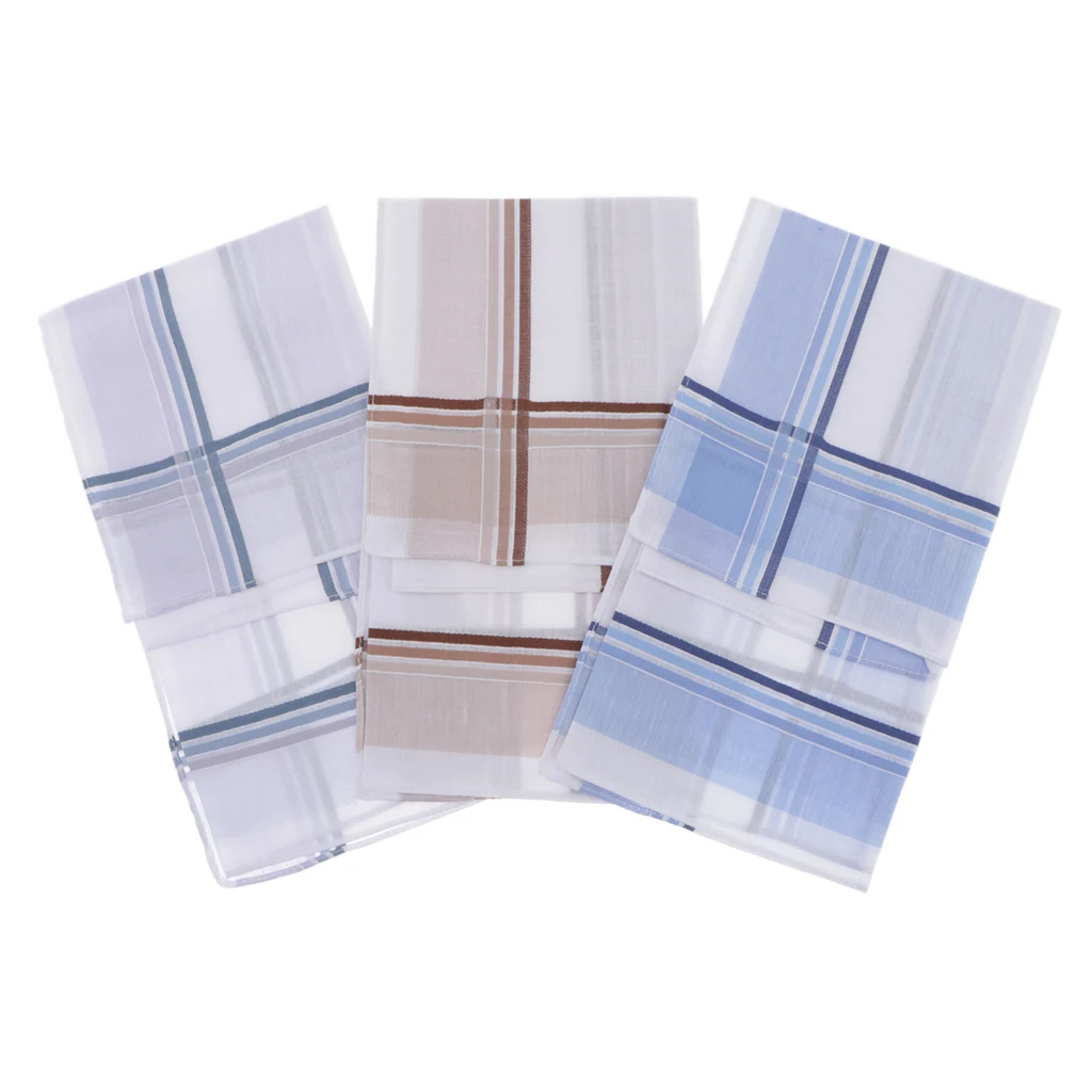 Set Of 3 High Quality Cotton Handkerchiefs For Men, Simple And Classic Plaid Design