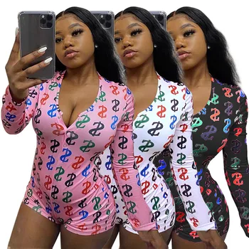 

Women Sexy Bodysuit Fashion Long Sleeve Deep V Neck Bodycon Stretch Leotard Button Short Romper Pajamas Women Jumpsuit Overalls