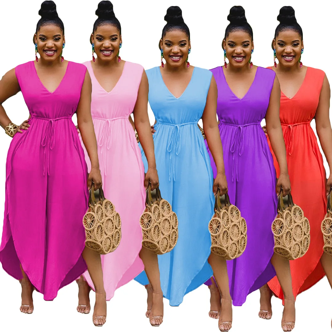 Solid Color Sleeveless V-neck Lace Up Jumpsuit Wide Leg Split Pants Plus Size S-3XL Sexy ne Piece Overalls Belt Summer Outfits |