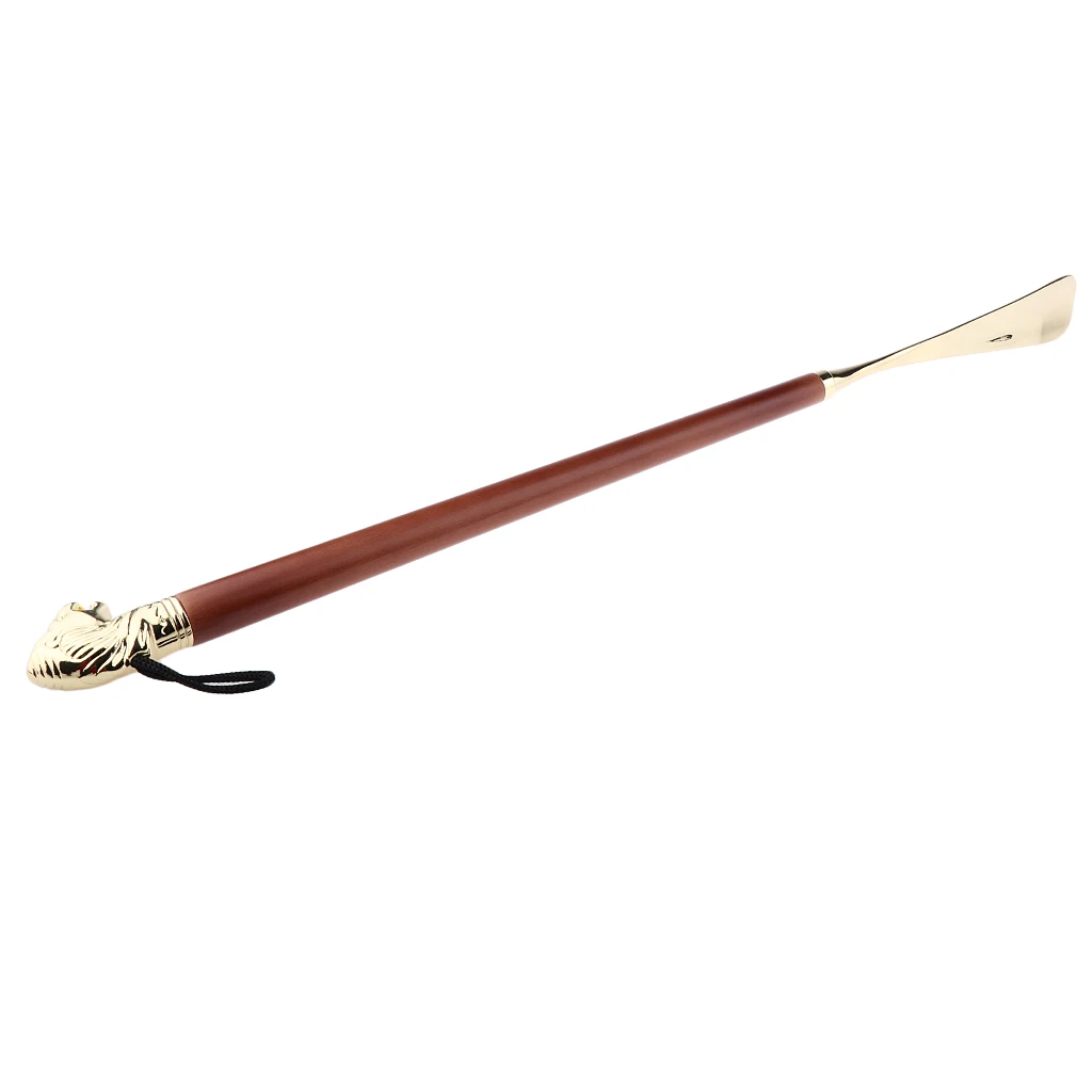 Retro Durable Lion Head Long Metal Shoehorn Brown Wood Handled Shoe Lifter Spoon 58cm
