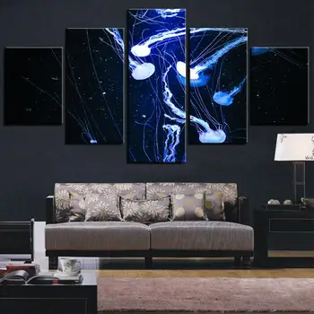 

Wall Artwork 5 Pieces Modular Poster Home Decor Jellyfish Hd Print Pictures Sea Ocean Canvas Paint Stickers Fish For Living Room