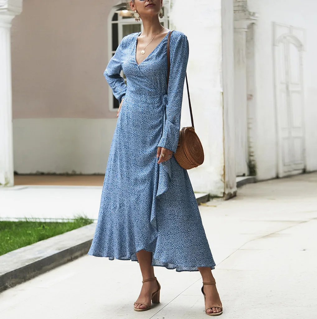 MUQGEW женские платья до середины икры с оборками, сарафан Boho с высокой талией, однотонные, с длинными рукавами, с цветочным принтом, с v-образным вырезом, макси платье