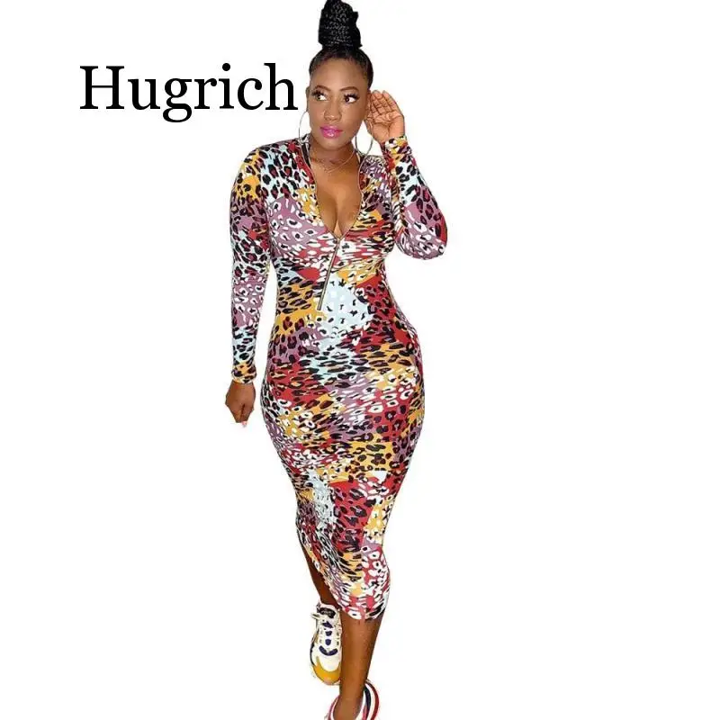 

2020 Colorful Leopard Print Maxi Long Dress Autumn Winter Long Sleeve Zipper Skinny Sexy Dresses Women Vintage Vestidos