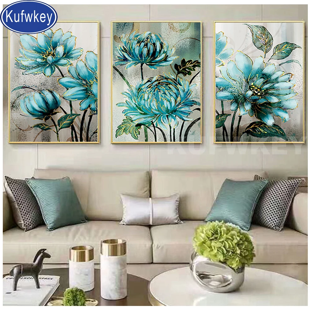 3 pcs Blue lily 5D Full square Diamond Embroidery Kit Pattern Painting Mosaic Bead Picture of Rhinestones golden flower | Дом и сад