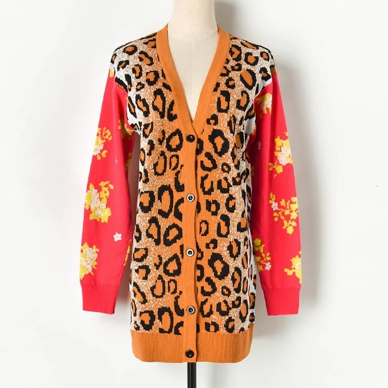 sleeves (V-cardigan) Высокое качество ветер столкновения Леопардовый принт сплит-соединение жаккардовое переплетение рукава V образным вырезом вязание кардиган женский W92705 - Цвет: sleeves (V-cardigan)