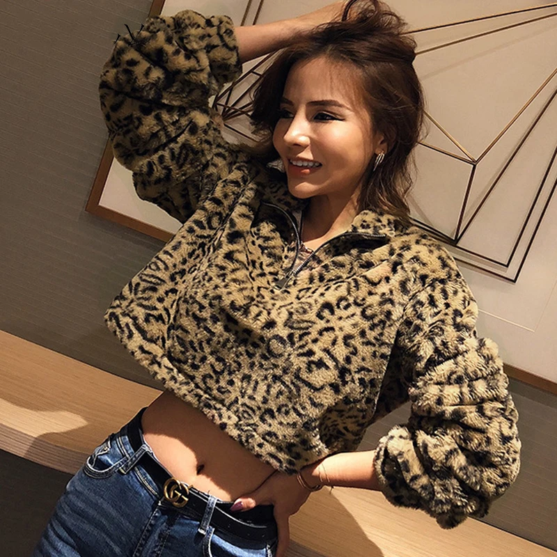 

Ladies Sweatshirts Cropped Tops Autumn Winter Women Short Leopard Print Street Zip Up Pullovers Pastel Clothes 2019 Sweat Femme