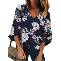 Модная рубашка с v-образным вырезом и коротким рукавом с цветочным принтом; Женская Повседневная Свободная сетчатая рубашка