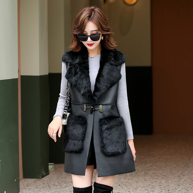 Fashion Winter Vest Coat Women Pocket Warm Tank Plus Size Long Oversized Big Pockets Horn Button Fur Vests Female Women Feminina black