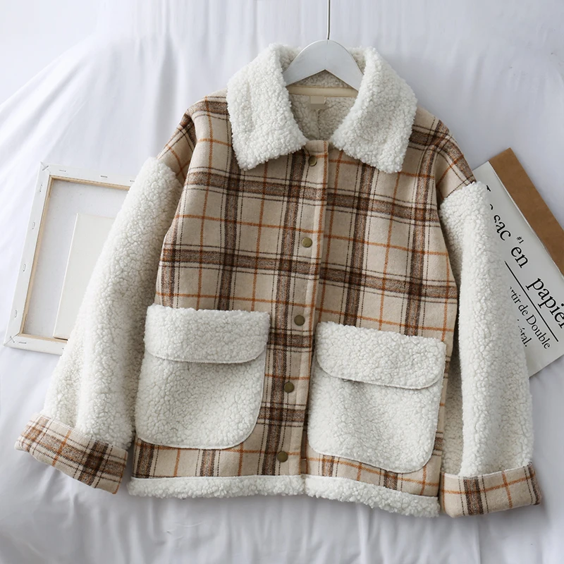 khaki coat Зимняя женская куртка, повседневная, в клетку, толстая, теплая, искусственный мех, парки, куртки, женские, с карманами, хит, цвет, зимние, из искусственной овчины, пальто - Цвет: khaki coat