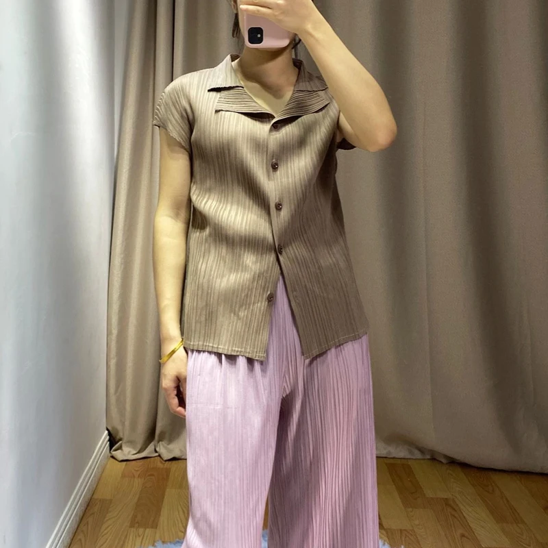 Летний плиссированный женский топ Miyake, базовые плиссированные топы, одноцветная однобортная рубашка с коротким рукавом