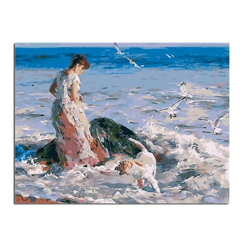 

Woman And Dog By The Sea DIY Digital Painting By Numbers Acrylic Paint Abstract Modern Wall Art Canvas Painting For Home Decor
