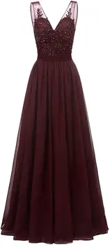 

Evening Dresses Long Gown A-Line/Princess Floor-Length V-Neck Open Back Chiffon Prom Dress with Appliques/Sashes/Beading