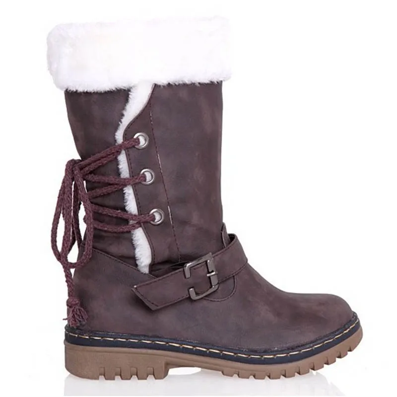 Women Boots Fashion Lace-up Mid-Calf Boots Solid Color Flat Heels Ladies Casual Warm Shoes Botas Mujer