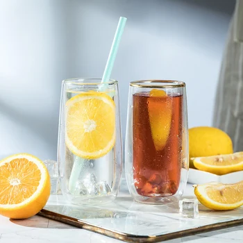 

2 Pcs/lot fashion cute Transparent office juice glass double layer high quality morning water glass cups GLA-16