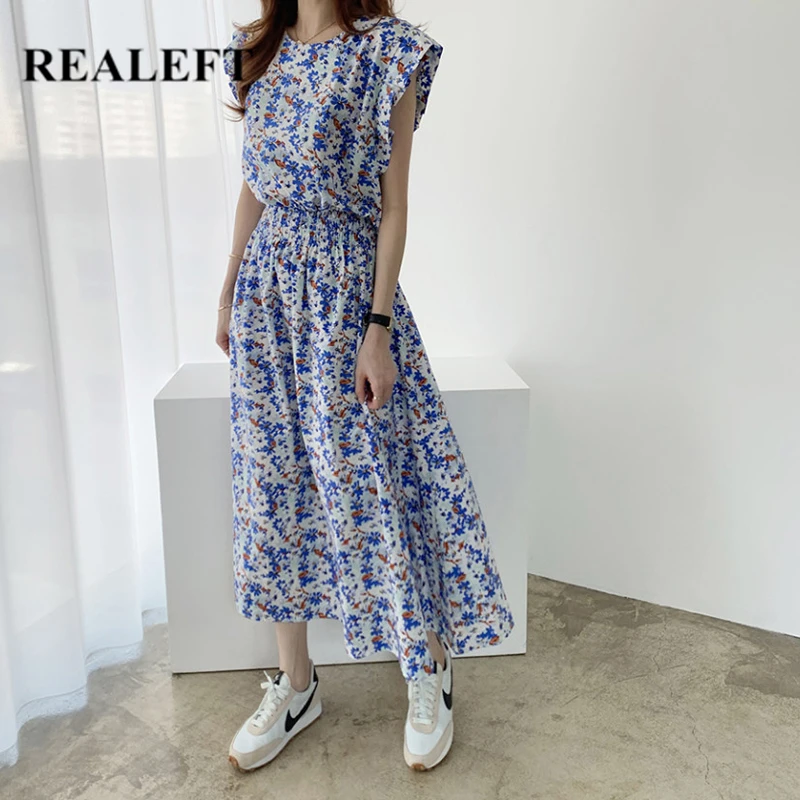 REALEFT Summer 2020 New Elegant Floral Print Women's Long Dress Sleeveless High Waist Korean Style Casual Loose Female | Женская