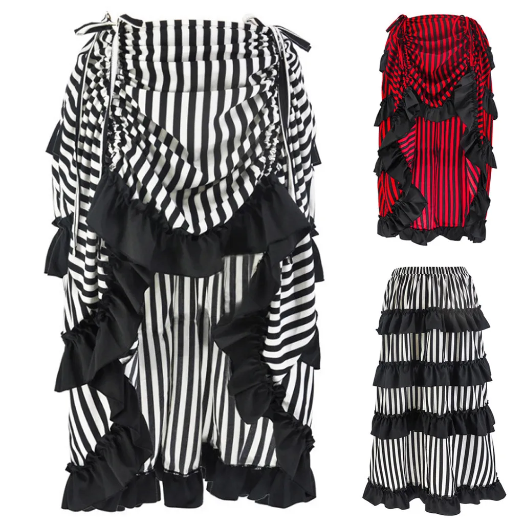 Юбки для Хэллоуина Женские полосатые до колена готические стимпанк Многослойные бандажные Необычные вечерние юбки с оборками белые, красные цвета
