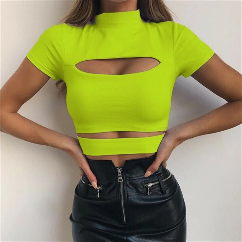 Top corto ahuecado en el pecho para mujer, Tops ajustados, camiseta Sexy, informal, a la moda