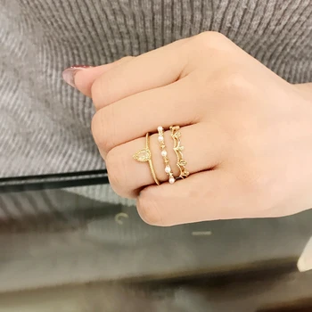 

Dainty Vermeil Minimalist Stone Solitaire Ring sv925 Pearl CZ Stacking Rings Set of 3 Knuckle Rings Cute Gold Thin Rings Set