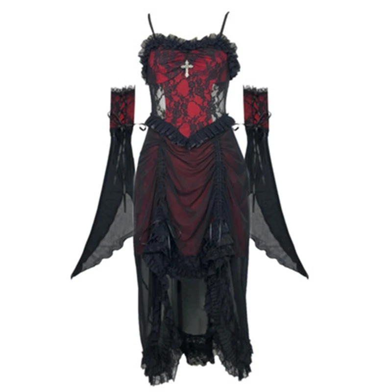 Costume D'Halloween Femme Gothique Rouge - Robe Chaperon Avec Dentelle, Volants Et Manches Courtes - Idéal Pour Cosplay Et Soirées à Thème
