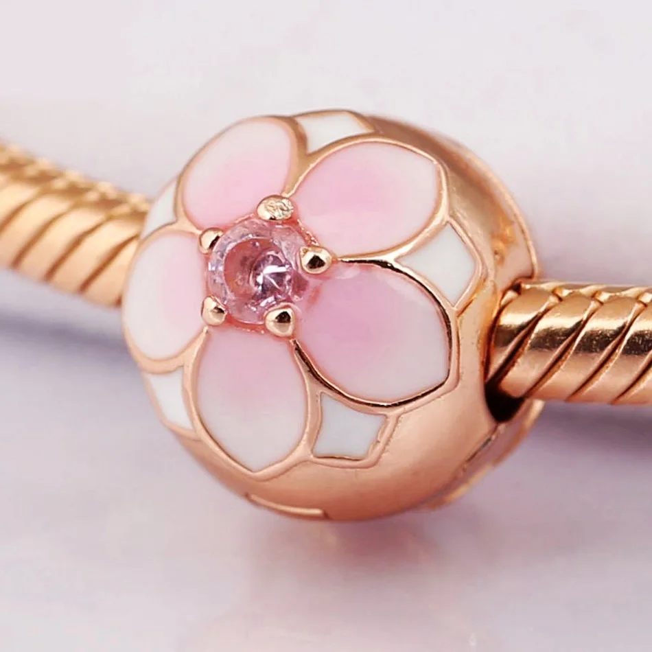 

S925 Silver Bead DIY Jewelry Magnolia Bloom Clip Stoppers Charm fit Pandora Bracelet Bangle Rose Gold Colour Enamel