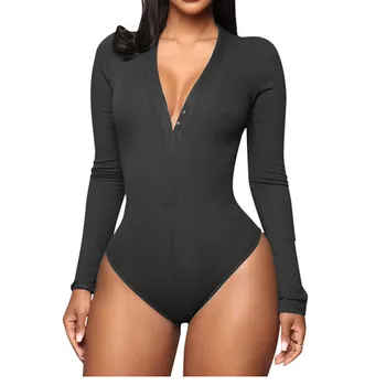 

Women Sexy Buttons Bodysuit V Neck Solid Skinny Long Sleeve Jumpsuit Playsuits Macacao Female Rompers 2020