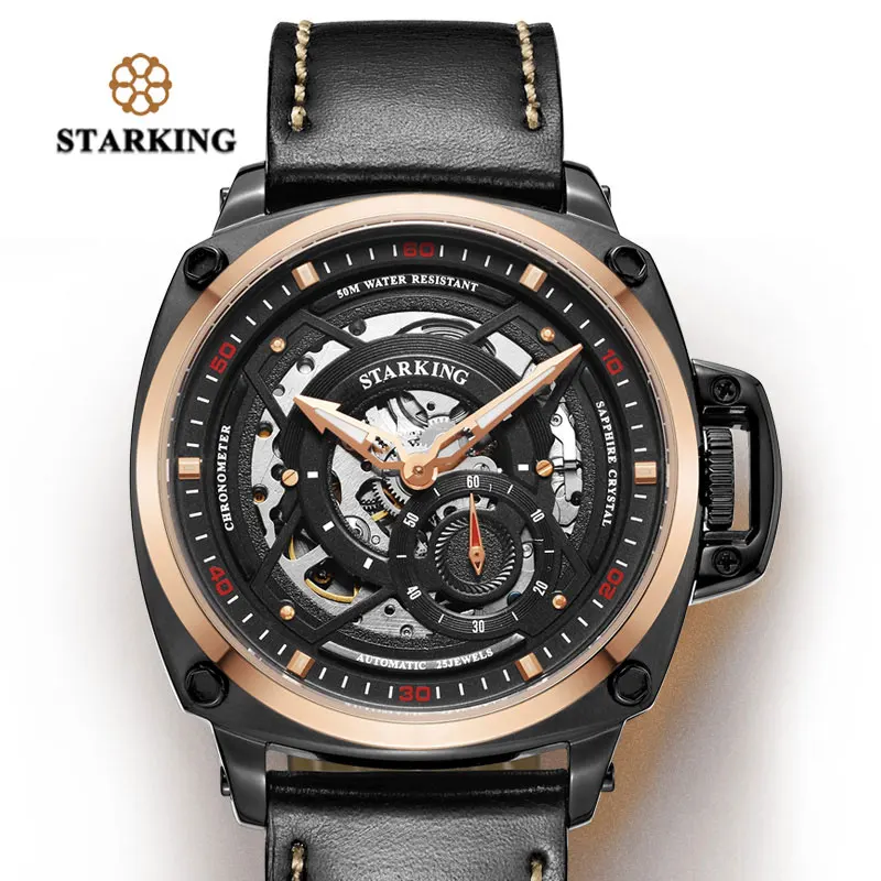 ROSE GOLD WATCH STARKING мужские часы, 50 м, водонепроницаемые, xfcs,, мужские, скелет, автоматические механические часы, армейские, стиль, Прямоугольные Наручные часы - Цвет: ROSE GOLD WATCH