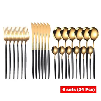 

24Pcs Stainless Steel Dinnerware Set Black Gold Cutlery Spoon Fork Knife Western Utensils Silverware Tableware Set Supplies#