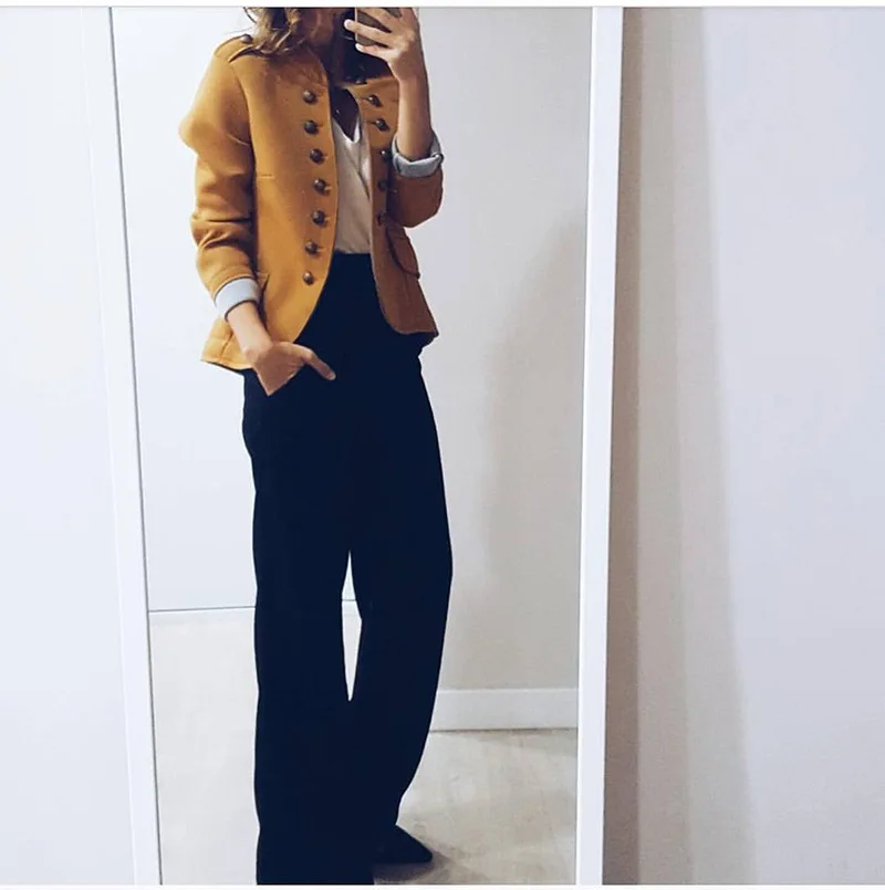 Повседневный Женский блейзер на пуговицах в стиле ретро, зимний женский однотонный желтый блейзер с воротником-стойкой и высоким воротником для офиса, модные женские пальто из органической кожи