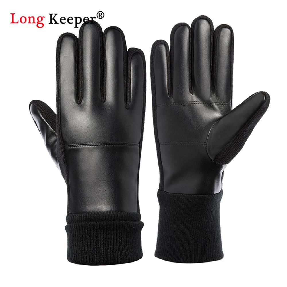 

2021 New Winter Men's PU Leather Gloves Warm Plus Velvet Black Driving Gloves Non-Slip Sports Warm Wool Mittens Free shipping