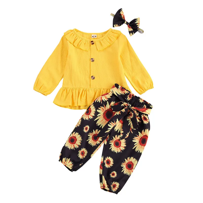 

3Pcs Baby Clothes Set Solid Color Round Neck Long Sleeve Top+ Sunflower Print Trousers+ Headband