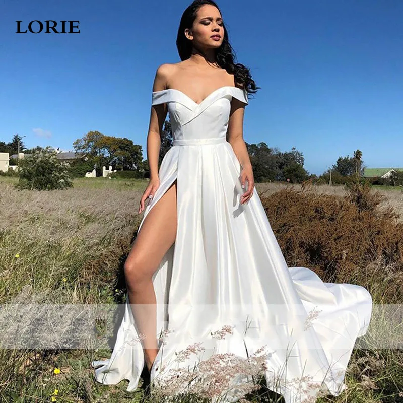 

LORIE пляжное атласное свадебное платье с открытыми плечами ТРАПЕЦИЕВИДНОЕ свадебное платье