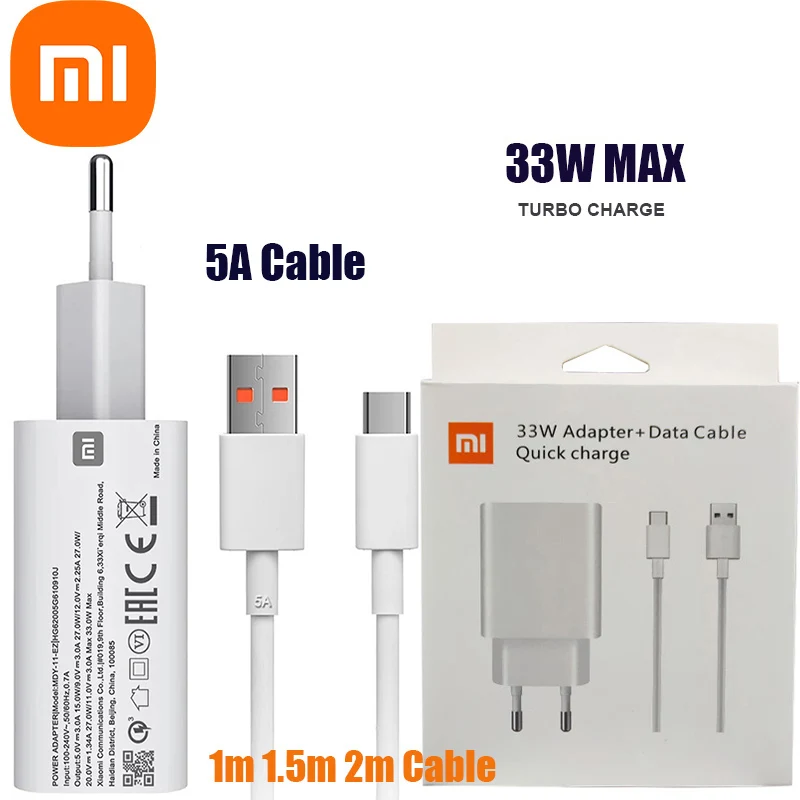 Зарядное устройство xiaomi 33 Вт с европейской турбо зарядкой и кабелем типа C для Xiaomi
