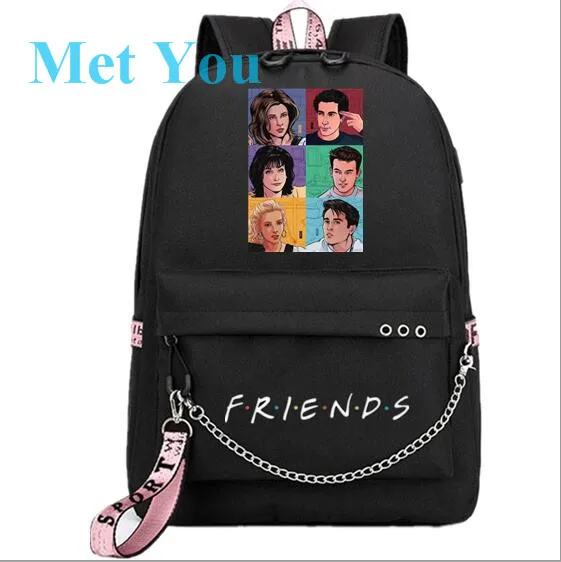 Друзья вентиляторы USB рюкзак школьная книга черный розовый сумка Mochila дорожные сумки для ноутбука цепь школьный студенческий рюкзак наушники USB порт