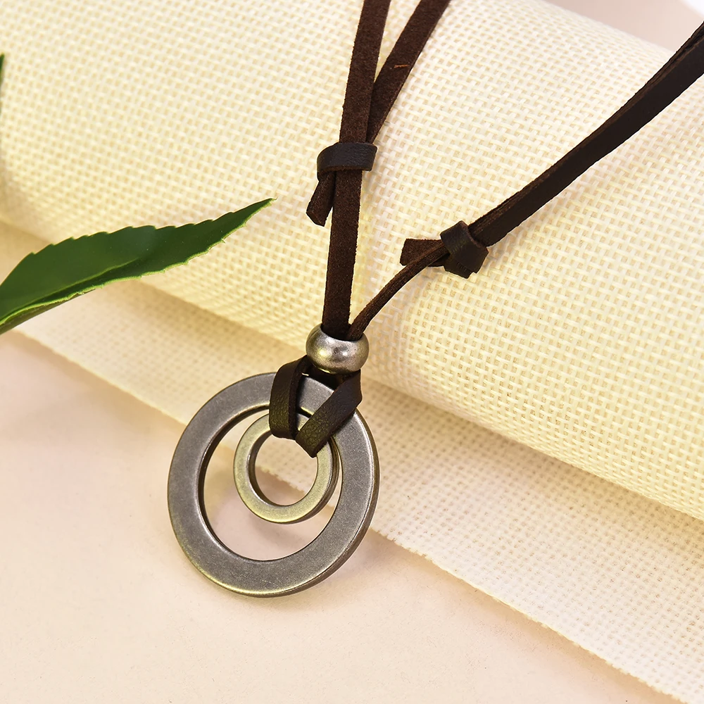 Бохо Винтаж Мужчины Женщины двойной круг регулируемый кожаный шнур ожерелье кулон ювелирные изделия Рождественский подарок первоначальное ожерелье