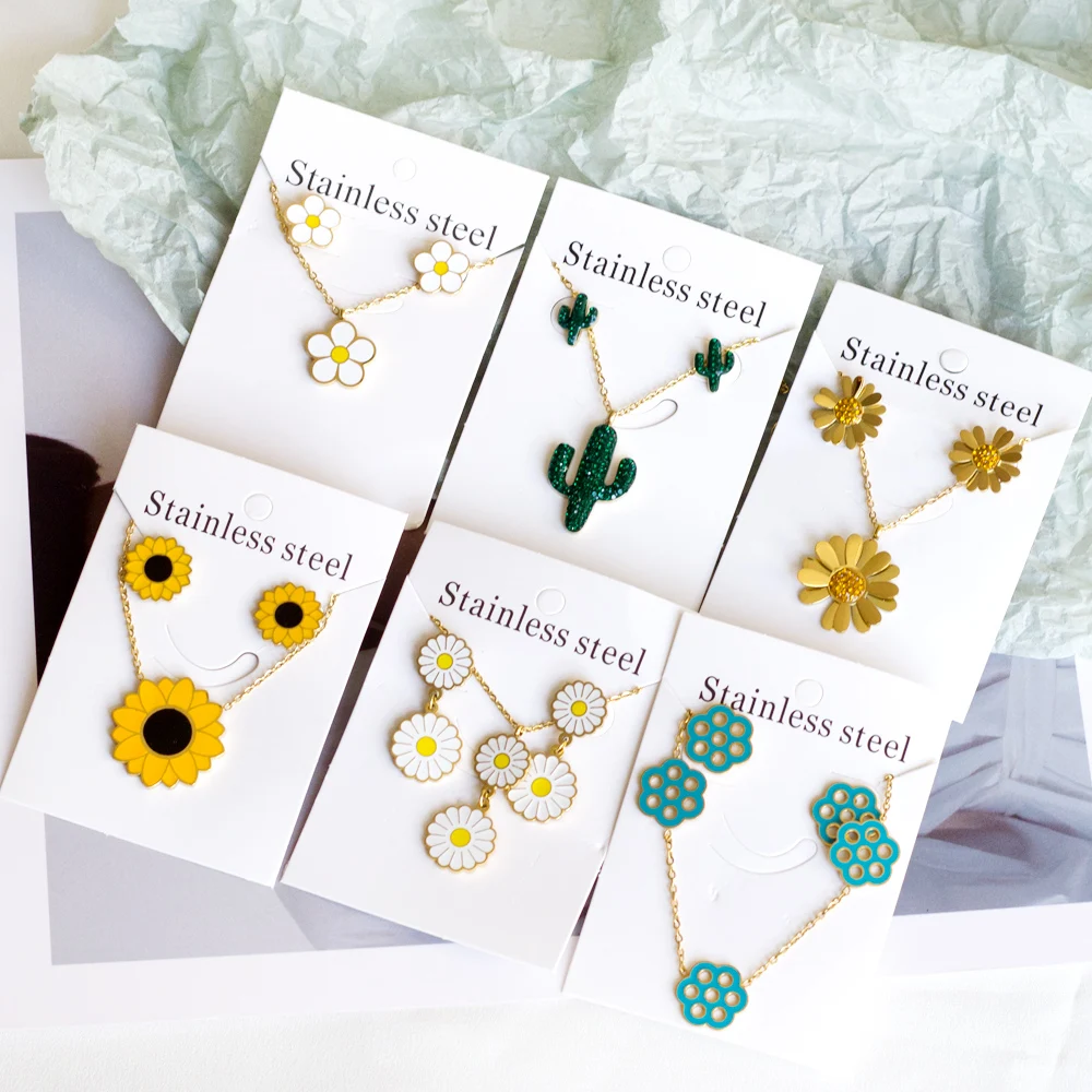 Jewelry Sets Women Jewelry Sets Yellow Flowers Pendant Necklace Earrings Stainless Steel Gold Color Trendy Summer