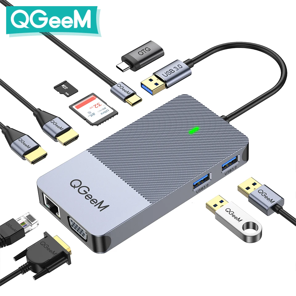 QGeeM USB Hub 3.0 Docking Station Triple Display Dual HDMI VGA Card Reader RJ45 Lan USB C Divisor de adaptador de energia para laptops Xiaomi Macbook Pro 2015 Carregador de hub USB3.0 iMac PC Acessórios de computador