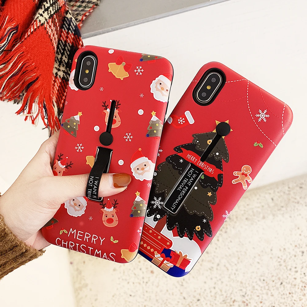 

LOVECOM Merry Christmas Tree Phone Case For iPhone XR XS Max 6 6S 7 8 Plus X Santa Claus Elk Ring Holder Soft Back Cover Gift